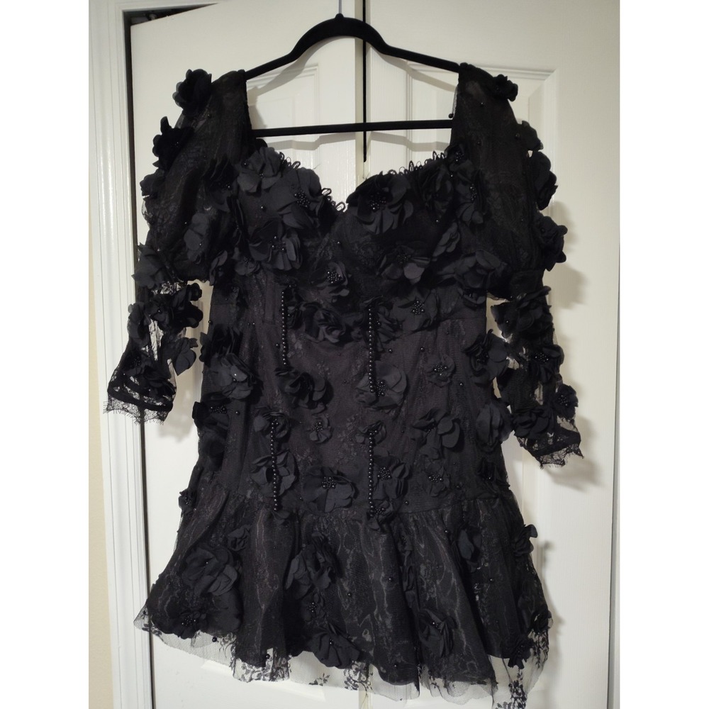 ASOS LUXE 3D Floral Beaded Black Off The Shoulder Puff Sleeve Mini Dress NWT - Picture 6 of 13